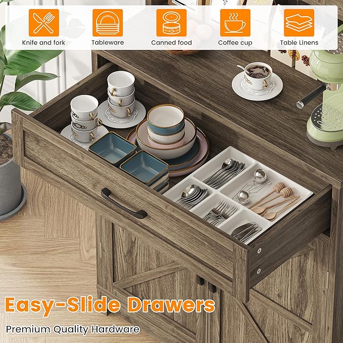 Semoic 69.3" Tall Kitchen Pantry Cabinet, Farmhouse Large Storage Cabinet with 2 Barn Doors, 1 Drawer and Storage Shelves, Buffet Cupboard Kitchen Hutch with Wide Countertop and Charge Holes, Brown