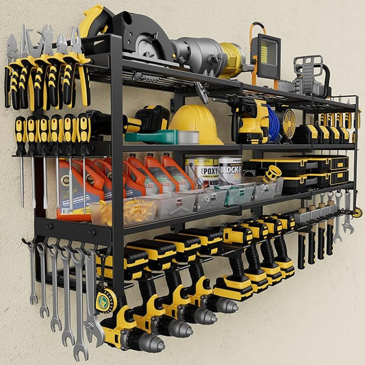 49.4'' Large Power Tool Organizer Wall Mount, 4-Tier Tool Storage Rack with 12 Drill Holders, 600LBS Load Heavy Duty Cordless Tool Shelf for Garage Organization, Gift for Men