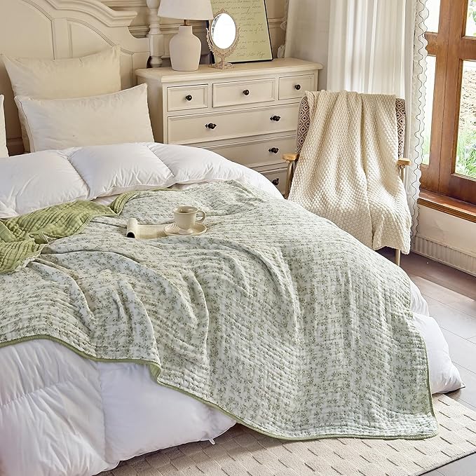 Muslin Throw Blanket 100% Cotton Floral Pattern 6-Layer Gauze Cooling Blanket Lightweight Soft Breathable Quilt for All Season Both Sides for Sofa Couch (Floral Green-a, Throw 50"x60")
