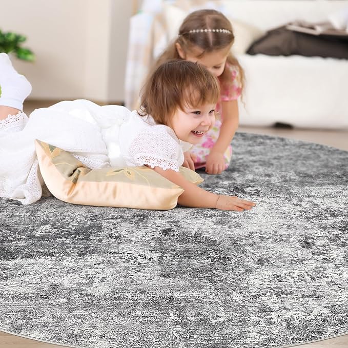 10ft Round Area Rug Living Room Rugs - 10x10 Washable Circle Rug Large Soft Indoor Neutral Modern Abstract Low Pile Carpet for Bedroom Dining Room Farmhouse Home Office - Grey