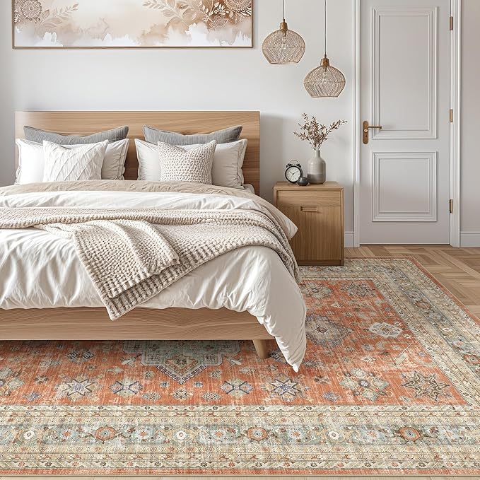 Vintage Living Room Area Rug 9x12 - Large Soft Washable Oriental Traditional Distressed Farmhouse Rugs for Bedroom - Indoor Floor Accent Carpet for Home Office House Decor - Orange