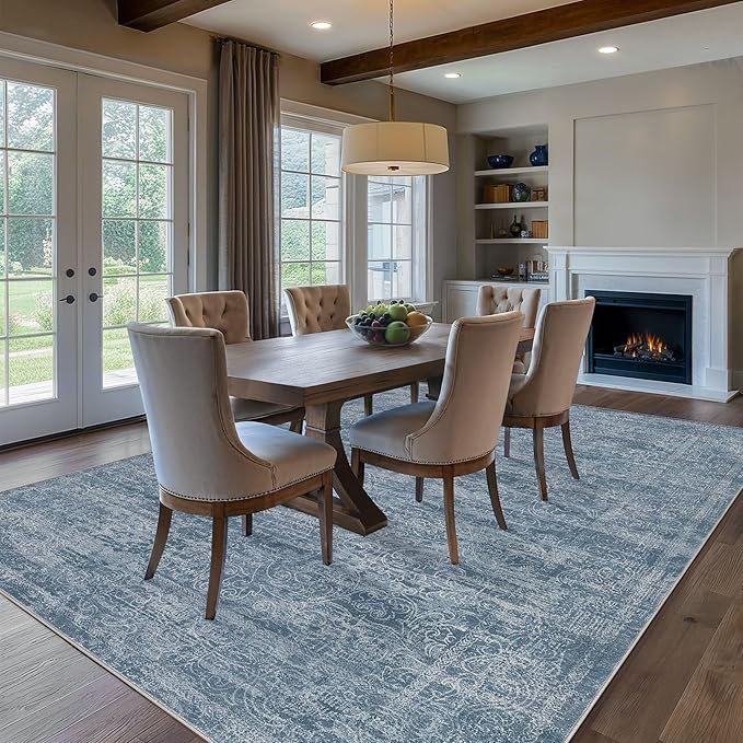 Area Rug Living Room Rugs - 9x12 Abstract Large Soft Indoor Washable Rug Neutral Modern Low Pile Carpet for Bedroom Dining Room Farmhouse Home Office - Dark Blue
