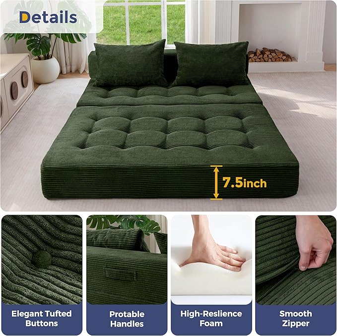 MAXYOYO Folding Sofa Couch, Convertible Floor Sleeper Couch with 3 Pillows, Tufted Floor Oversized Loveseat Couch Tufted Fold Out Chair Bed Comfy Sofa Lounge for Living Room Bedroom, Dark Green
