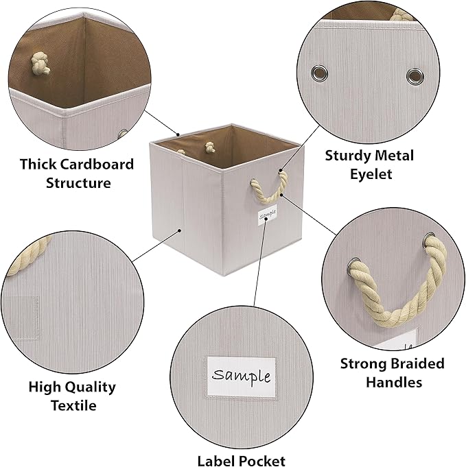 SIMPLE HOUSEWARE 11-Inch Cube Storage Bin With Braided Handles, 4 Pack, Ivory