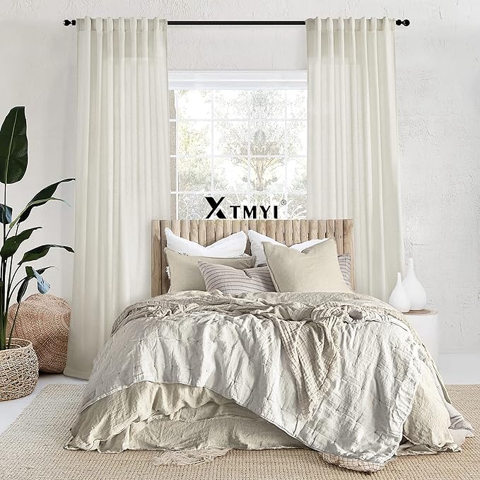 XTMYI Linen Drapery 92 Inch Curtains Length 2 Panels Set Back Tab Sheer Window Curtains Living Room Bedroom,50x92 in Long,Cream(Ivory/Off White)