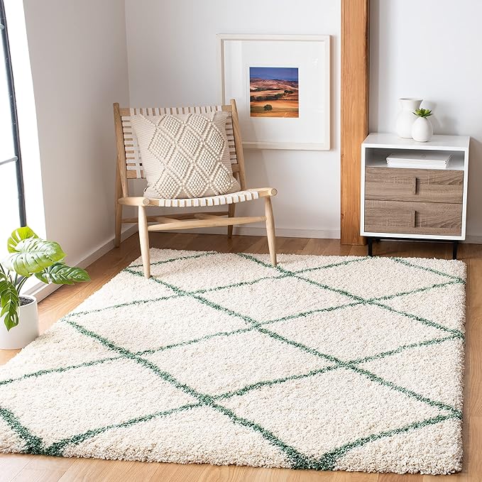 SAFAVIEH Hudson Shag Collection Area Rug - 9' x 12', Ivory & Green, Modern Trellis Design, Non-Shedding & Easy Care, 2-inch Thick Ideal for High Traffic Areas in Living Room, Bedroom (SGH281X)