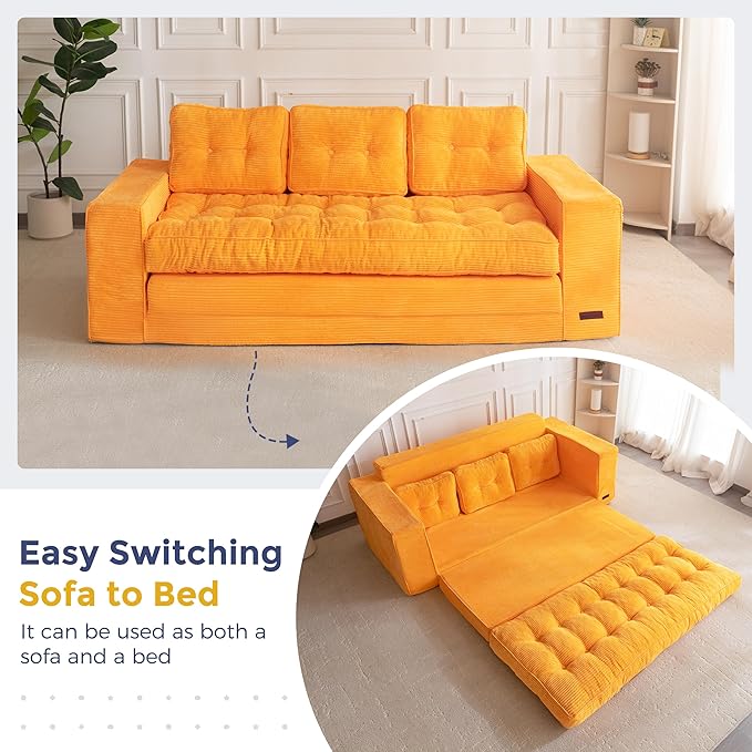 MAXYOYO Convertible Sofa Bed, Pull Out 3 Seater Sleeper Sofa, 2 in 1 Folding Couch Bed, Fold Out Floor Couch with Pillows for Living Room Bedroom Lounge, Orange