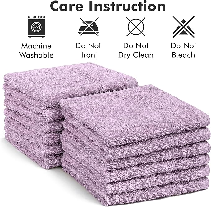 Face Towels Pack of 12 – 100% Cotton Wash Cloths (12x12 inch) – Soft, Quick Dry & Highly Absorbent Hand Towels for Bathroom, Spa, Gym, Kitchen and for Daily Use - (Lilac)
