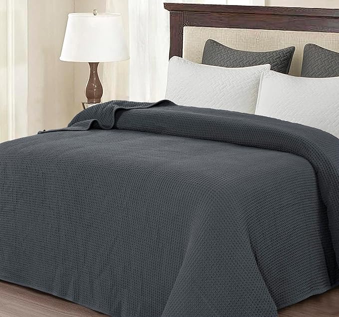 Bed & Bath Home Premium 100% Cotton Waffle Weave Blanket King Size – Soft Breathable Lightweight Comfort, Natural All-Season Bed Blanket, Easy-Care Bedspread for Bed & Couch (Grey)