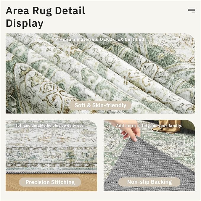 5x7 Area Rugs Green/Brown Low Pile Indoor Washable Trendy Faded Style Rugs for Bedroom Living Room Dining Room Foldable Non-Slip Thin Print Home Office Mat