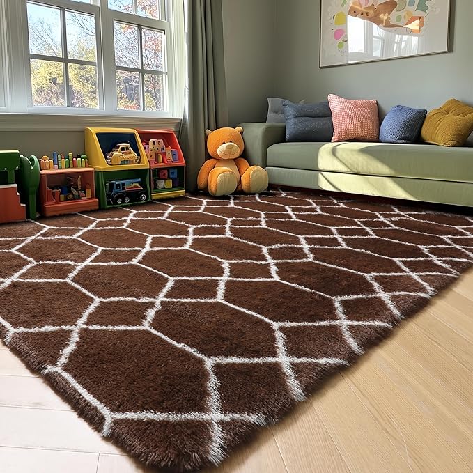 ONASAR 5x7 Area Rugs for Living Room Bedroom, Fluffy Brown and White Throw Rug, Geometric Boho Soft Plush Shaggy Floor Bedside Carpet Mat for Nursery Kids Girls Boys Teen Dorm Home Decor