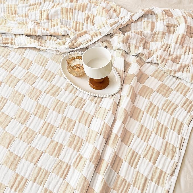 SANACYNA Queen Muslin Blankets for Adults 100% Cotton 6-Layer Gauze Cream Checkered Bed Blanket Lightweight Soft Breathable Blanket for Sofa Bed Coverlet (Cream, Queen 90" X 90")