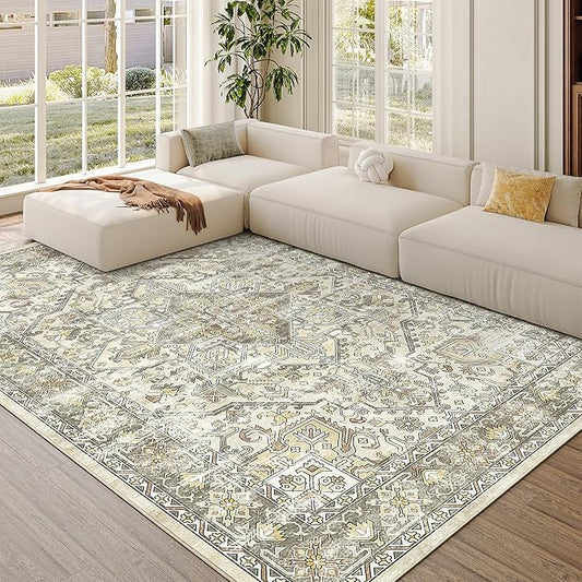 zesthome 5x7 Area Rugs - Ultra-Thin Washble Rug, Stain Resistant Anti Slip Backing Rugs for Living Room,Bedroom, Vintage Home Decor Area Rug (Beige/Brown,5'x7')