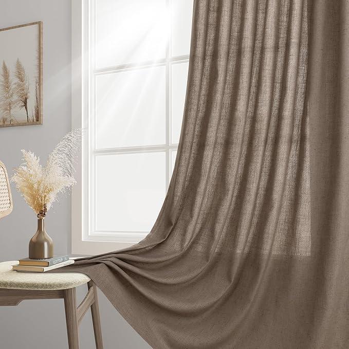 Joywell Light Brown Back Tab Rod Pocket Linen Curtains 102 Inches Long 2 Panels for Living Room Bedroom Neutral Boho Farmhouse Rustic Light Filtering Semi Sheer Curtains Window Treatment 52x102