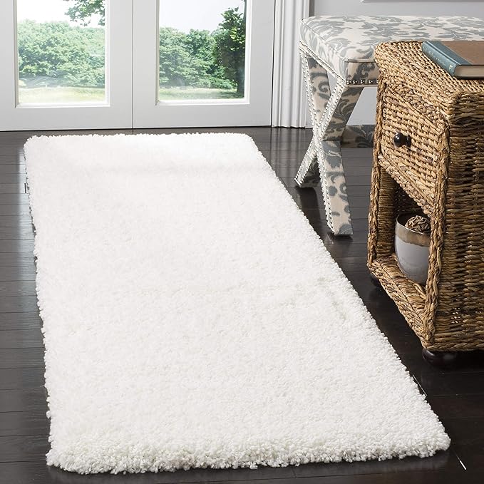 SAFAVIEH Santa Monica Shag Collection Runner Rug - 2'3" x 9' Runner, White, Solid Design, 2-inch Thick Ideal for High Traffic Areas in Living Room, Bedroom, Dining (SGN725-1010-29)