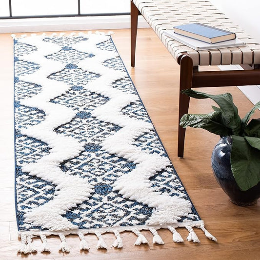 SAFAVIEH Moroccan Tassel Shag Collection Runner Rug - 2'3" x 8', Navy & Ivory, Rustic Trellis, Non-Shedding & Easy Care, 2-inch Thick Ideal for High Traffic Areas in Living Room, Bedroom (MTS652N)