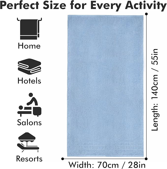 Bath Towels Set of 4 – 100% Cotton Sky Blue Extra Large Towels for Bathroom, Spa Use (55x28 in) – Super Soft and Quick Dry Large Bath Sheets for Adults