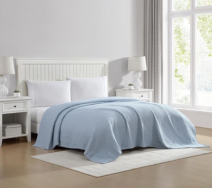Beatrice Home Fashions Grand Hotel Lightweight All-Natural 100% Cotton Waffle Weave Blanket, King, Pearl Blue