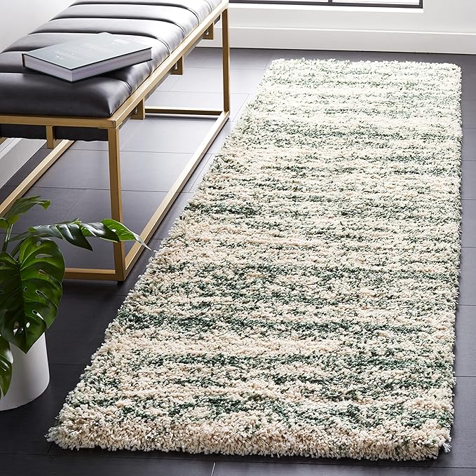 SAFAVIEH Hudson Shag Collection Runner Rug - 2'3" x 6', Ivory & Green, Modern Design, Non-Shedding & Easy Care, 2-inch Thick Ideal for High Traffic Areas in Living Room, Bedroom (SGH206Y)