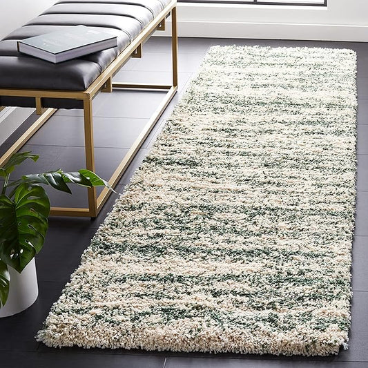 SAFAVIEH Hudson Shag Collection Runner Rug - 2'3" x 6', Ivory & Green, Modern Design, Non-Shedding & Easy Care, 2-inch Thick Ideal for High Traffic Areas in Living Room, Bedroom (SGH206Y)