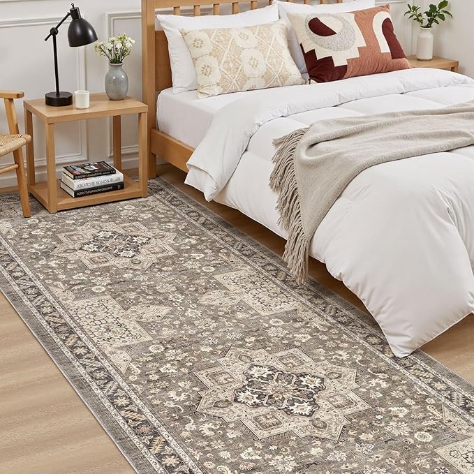 Vintage Hallway Runner Rug 3x12: Large Soft Washable Entryway for Kitchen Laundry Room Non-Slip Backing Runner for Entrance Living Room Bedroom Bathroom - Brown