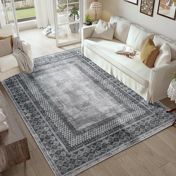 NICETOWN Machine Washable Faux Wool Rugs - 4x6 Area Rugs Ultra-Thin Carpet for Office, Study, Living Room Entryway with Non-Slip Backing, Distressed Large Carpet for Dining Room, Grey