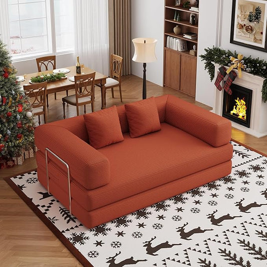4-in-1 Foldable Sofa Bed Teddy Fabric Foam-Filled Compressed Couch, Convertible Loveseat Sofa, Boneless FoldingSleeper for Living Room, Guest Bed, Playroom (Orange, 59” 2 Seat)