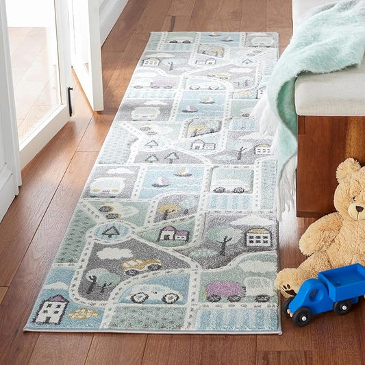 SAFAVIEH Carousel Kids Collection Area Rug - 2'3" x 10' Runner, Grey/Light Blue, Geometric Design, Ideal for High Traffic Areas in Living Room, Bedroom, Dining (CRK193F)