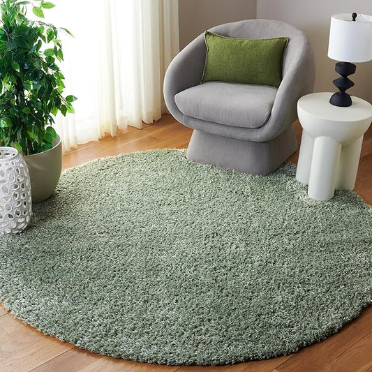 SAFAVIEH Lindsay Shag Collection Area Rug - 6'7" Round, Green, Geometric Design, Ideal for High Traffic Areas in Living Room, Bedroom, Dining (LNS560Y)