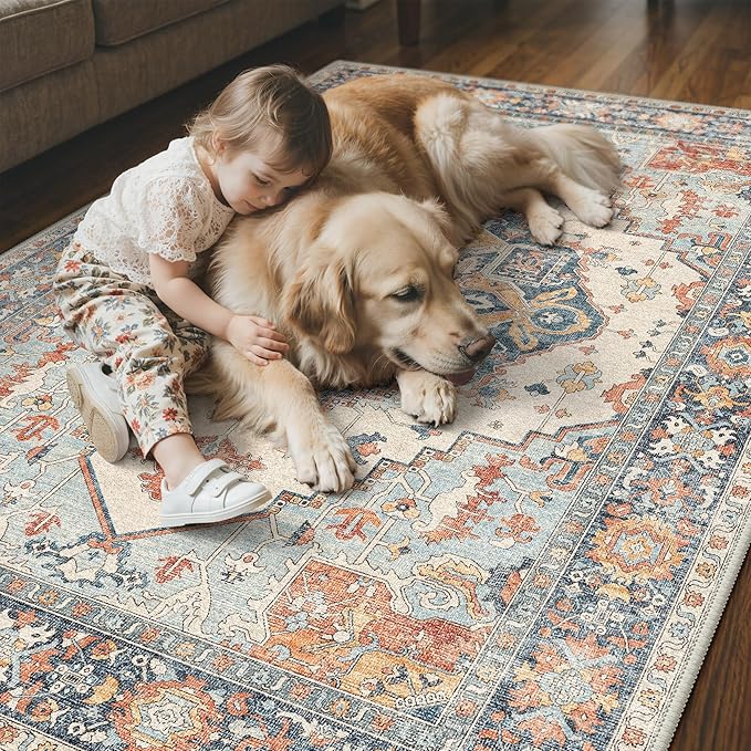 GENIMO 8x10 Area Rugs for Living Room, Machine Washable Non Slip Rugs, Low Pile Lightweight Print Rug for Bedroom, Dining Room, Home Office, Vintage Blue/Amber