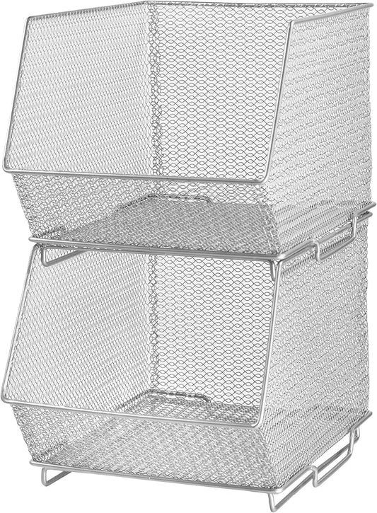 YBM HOME Mesh Stacking Bin Storage Containers for Kitchen Pantry, Cabinet and Shelves, Metal Wire Basket Rack for Fruits and Veggies, Crafts, Toys & Cleaning Items - 2-Pack, Medium 10x8.5x8 Silver
