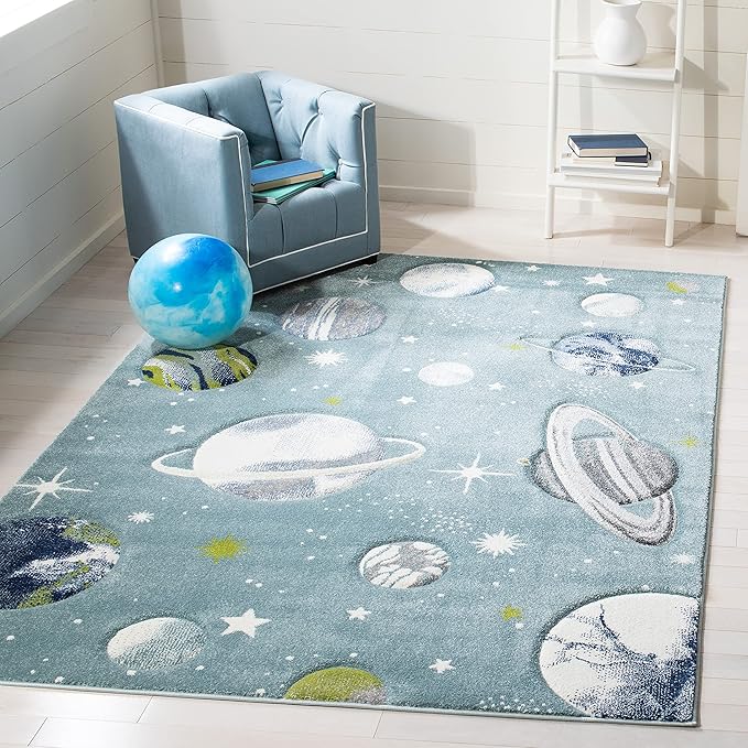 SAFAVIEH Carousel Kids Collection Area Rug - 10' x 14', Teal & Ivory, Non-Shedding & Easy Care, Ideal for High Traffic Areas for Boys & Girls in Playroom, Nursery, Bedroom (CRK103J)