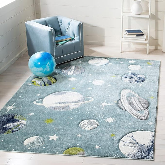 SAFAVIEH Carousel Kids Collection Accent Rug - 4' x 6', Teal & Ivory, Non-Shedding & Easy Care, Ideal for High Traffic Areas for Boys & Girls in Playroom, Nursery, Bedroom (CRK103J)