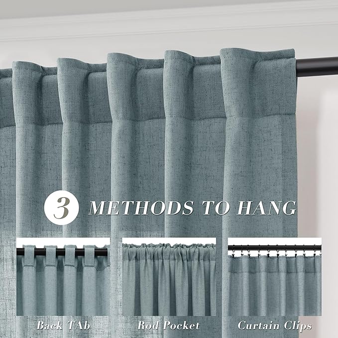Joywell Light Blue Back Tab Rod Pocket Linen Curtains 84 Inches Long 2 Panels for Living Room Bedroom Neutral Boho Farmhouse Rustic Light Filtering Semi Sheer Curtains Window Treatment 52x84