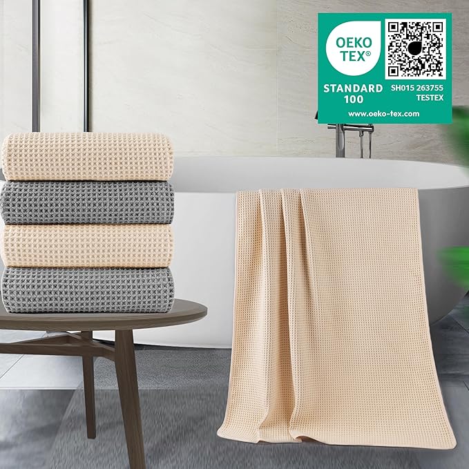 430 GSM Microfiber Oversize Quick Dry Lint Free Bath Towel, 60 x 30 in, 4 Pack (Waffle Weave)