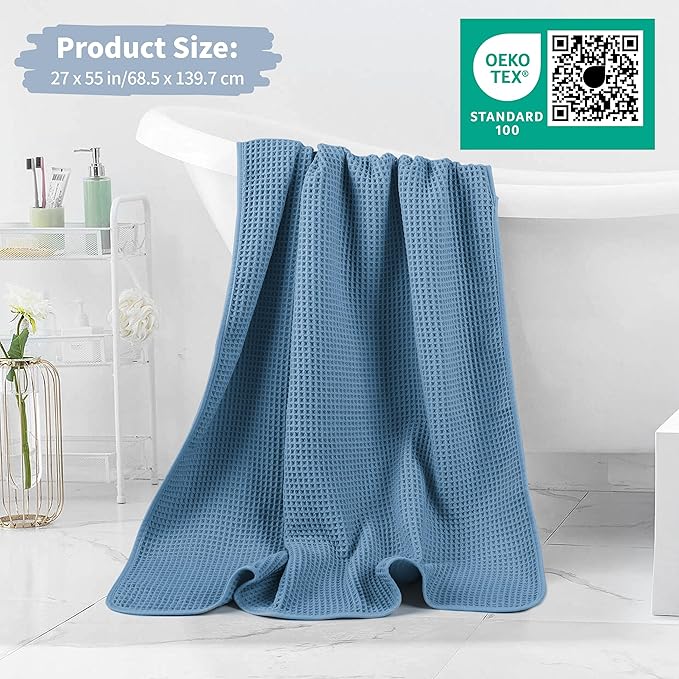 Microfiber Waffle Bath Towels, 4 Pieces, Soft, Absorbent, Fast Drying, Lint Free 430 GSM (Blue)