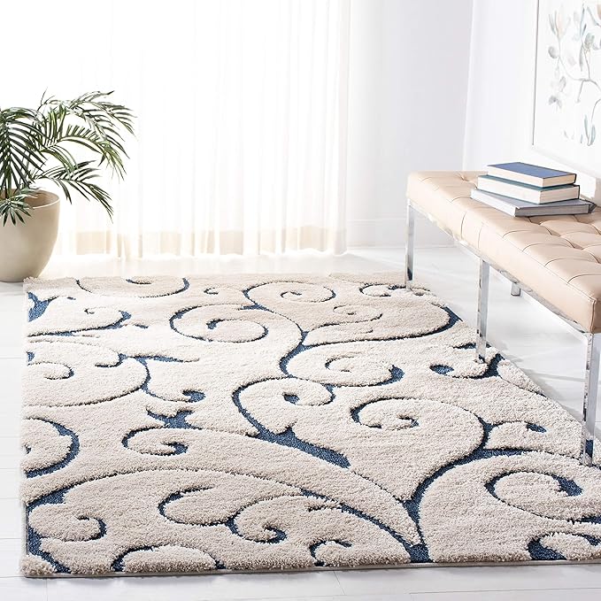 SAFAVIEH Florida Shag Collection Area Rug - 6' x 9', Cream & Blue, Scroll Design, Non-Shedding & Easy to Clean, High-Low Plush Pile, Ideal for Living Room, Bedroom, Dining Space (SG455-1165)