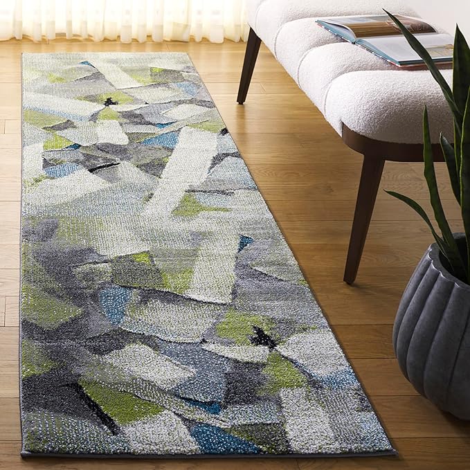 SAFAVIEH Porcello Collection Runner Rug - 2'3" x 8', Green & Grey, Modern Abstract Design, Non-Shedding & Easy Care, Ideal for The Entryway, Living Room, Foyer, Bedroom (PRL6937Y)