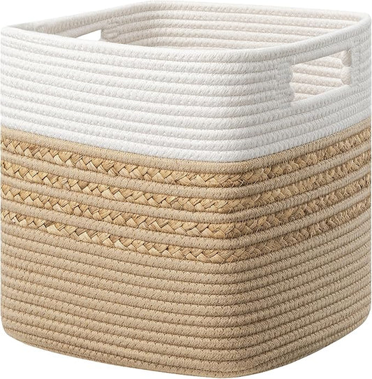UBBCARE Storage Cubes 11 X 10.5 X 10.5 in, Water Hyacinth Storage Bins for shelves, Toys, Book, Storage Baskets with Handles, Cotton Rope Woven Baskets for Organizing, Brown