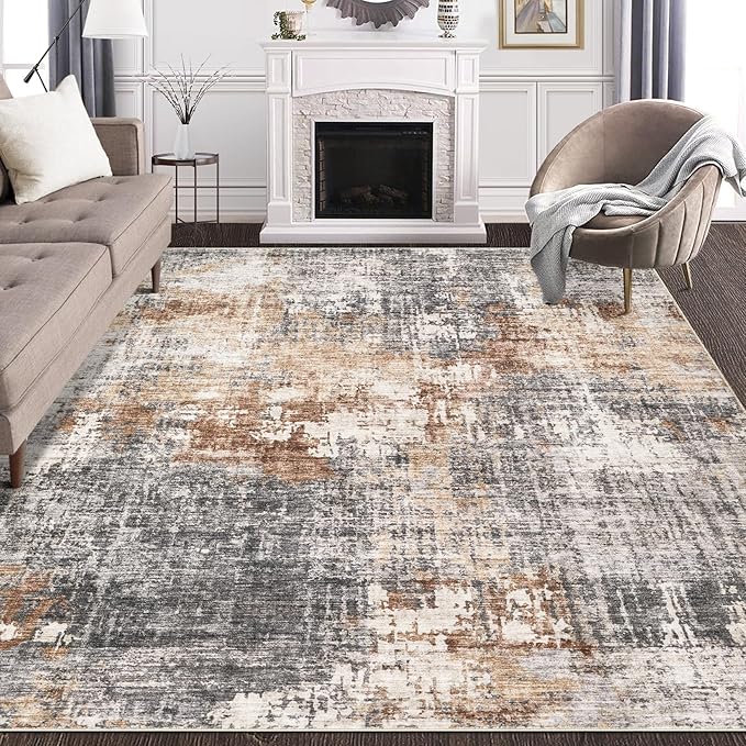 Area Rug Living Room Rugs - 10x12 Washable Large Soft Indoor Neutral Modern Abstract Low Pile Rug Carpet for Bedroom Dining Room Farmhouse Home Office - Grey Brown