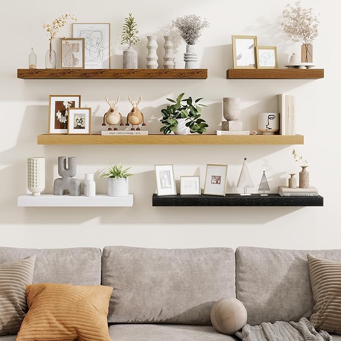 Fun Memories Floating Shelves 48 Inch, Extra Large Wood Shelf Set of 2, Hanging Wall Shelves for Bathroom, Living Room, Kitchen, Bedroom, Black