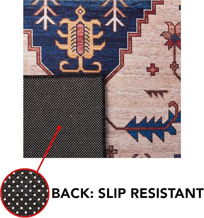 SAFAVIEH Washable Rug Tucson Collection - 4' Square, Rust & Blue, Slip Resistant & Easy to Clean, Ideal for Foyer, Kitchen, Nursery, Office, Bedroom (TSN153P)