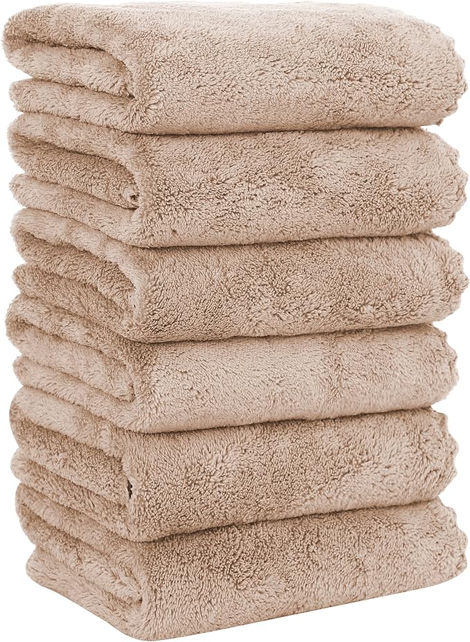 6 Pack Premium Hand Towels - Quick Drying - Microfiber Coral Velvet Highly Absorbent Towels - Multipurpose Use as Hotel, Bathroom, Shower, Spa, Hand Towel 16 x 28 inches (Brown)