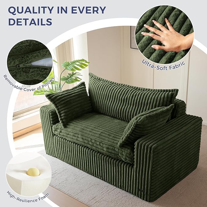 MAXYOYO 59" Bean Bag Sofa Couch, Loveseat Boneless Couch in a Box, Upholstered Small Mini Sofa with Deep Seating for Living Room Bedroom Office Apartment, No Assembly, Green