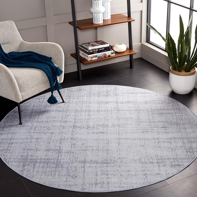 SAFAVIEH Washable Rug Tacoma Collection - 8' Round, Light Grey & Grey, Slip Resistant & Easy to Clean, Ideal for Living Room, Bedroom, Home Office, Dining Space (TAC857F)