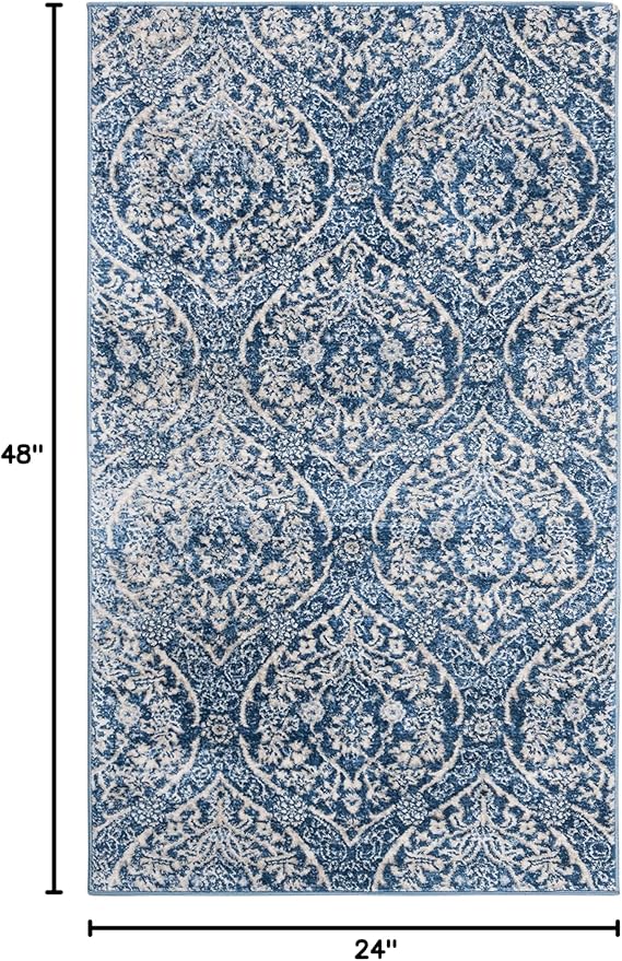 SAFAVIEH Brentwood Collection Accent Rug - 2' x 4', Navy & Light Grey, Floral Damask Trellis Design, Non-Shedding & Easy Care, Ideal for High Traffic Areas in Entryway, Living Room, Bedroom (BNT860M)