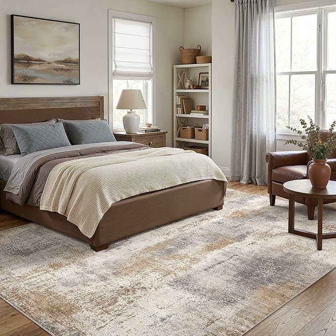 Area Rug Living Room Rugs - 7x9 Washable Large Soft Indoor Neutral Modern Abstract Low Pile Rug Carpet for Bedroom Dining Room Farmhouse Home Office - Brown Grey