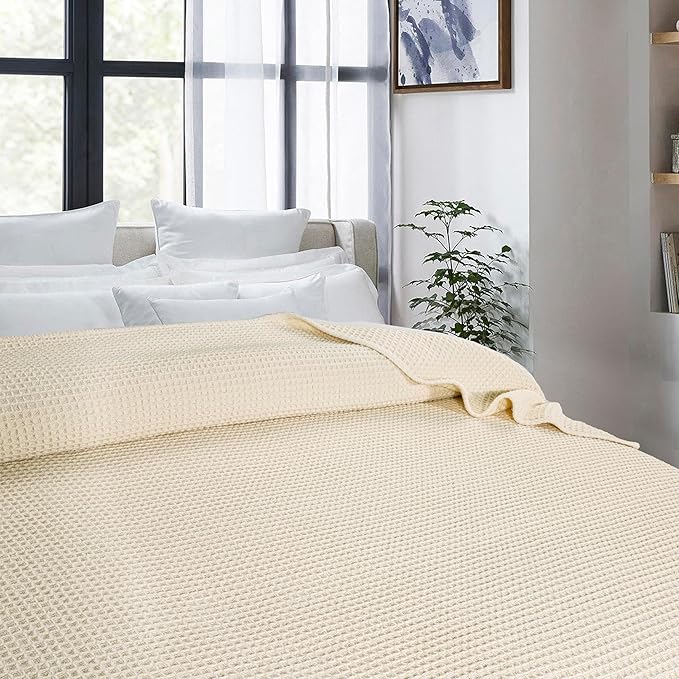 Bed & Bath Home Premium 100% Cotton Waffle Weave Blanket King Size – Soft Breathable Lightweight Comfort, Natural All-Season Bed Blanket, Easy-Care Bedspread for Bed & Couch (Ivory)