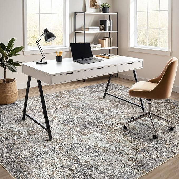 Area Rug Living Room Rugs - 7x9 Abstract Large Soft Indoor Washable Rug Neutral Modern Low Pile Carpet for Bedroom Dining Room Farmhouse Home Office - Brown/Grey/Black