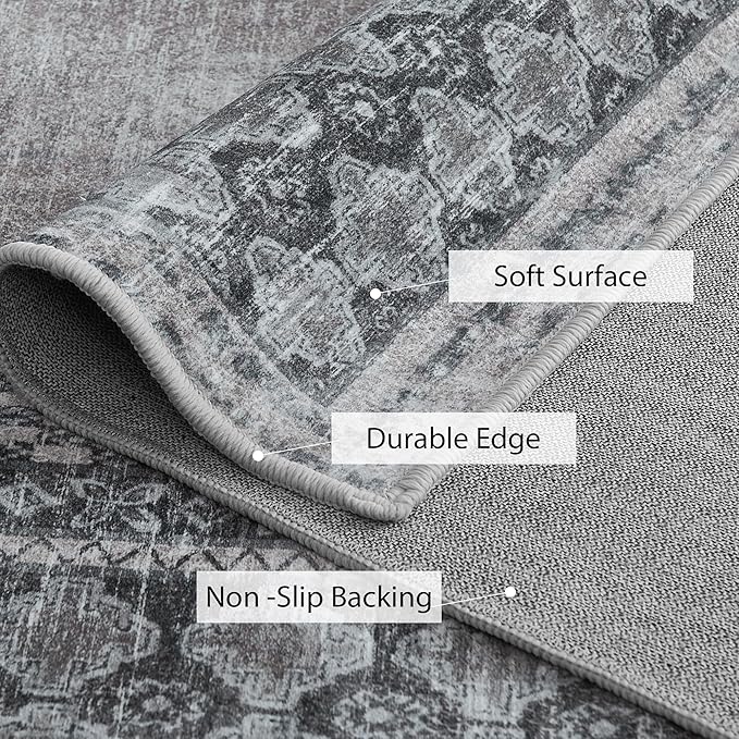 NICETOWN 8x10 Washable Area Rugs, Boho Non-Slip 8x10 Large Rugs Faux Wool Vintage Living Room Rugs, Thin Soft Vintage Carpet Door Mat Entrance for Kitchen, Laundry, Bathroom, Bedroom, Grey